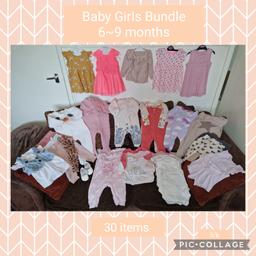 6 -9 months
Includes:

2 quilted sleepsuits
3 sleepsuits
5 romper suits
5 bottoms
1 leggings
1 denim waistcoat
3 long sleeve tops
1 short sleeve tops
6 vests
2 piece outfit
1 pair shoes
4 dresses
1 frill zip long sleeve top

**Check out my other items**

May deliver depending on distance for a negotiated fee