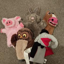 5 hand puppets, owl, pig, horse, rabbit and elephant
