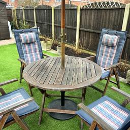 Get ready for spring. Lovely Royal Craft hardwood patio set. Burberry design seat cushions and parasol. Very expensive when new. Always dry stored and treated every year.