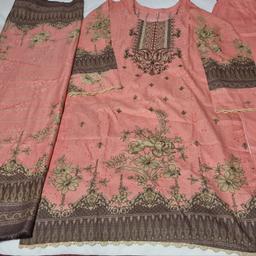 3 piece stitched shalwar kameez, in size small. In a lovely peach and brown colours. Comfy fabric with big chaddar. No returns accepted. Silly offers will be ignored.