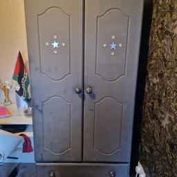 pine wardrobe painted grey ... has hanging rail and 2 pullout draws. good condition... has slight marks might need a little paint ... H 180cm W80cm D56cm