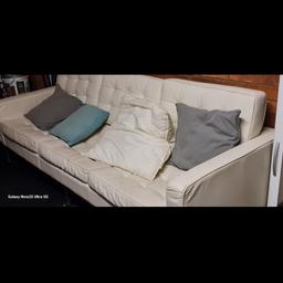 It is a 3 seater white used thick leather sofa that will seat 4/5 people, so it is a large sofa and base is made of Chrome steel including the side and legs? The furniture is used but with kids grown up not needed a large sofa that comes in one price? It was made to order originally in 2018 with extra cushion to make it medium firm but has a lot of life lived in it? It is from a pet and smoke free house but all stitches in tact? Price include a £10 delivery charge within a mile or two of Tipton.
