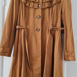 Miss Selfridge designer Coat in Gold. With pleated coat & collar, a tie belt & button fastening. Size 14/16. Non-smoking home.