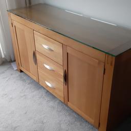 Solid oak sideboard / unit
160cm wide
50cm deep
85cm high
Tempered glass top included