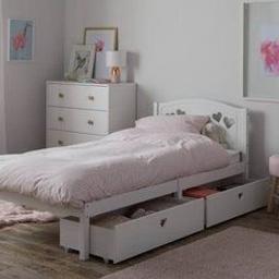 Mia Single Bed Frame with 2 Drawers - White
All new in box and also we do single mattress £45 and we can deliver local 
Dream a dream with the white Mia single bed with 2 underbed storage drawers. With solid wood elements, charming cut out heart decorations, and elegant bevelled edges, this is a beautiful bed that has a truly magical look. The 2 drawers are perfect for storing toys and extra bedding, and with sturdy castors, the drawers can go on either side to suit the space. Ideal for your young dreamer to grow into, the Mia single bed will see them through the years lovingly.

Frame size L195.3, W96.3, H82.2cm.
Drawer size H23, W90.6, D46.5cm.