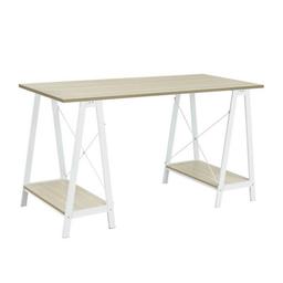 Habitat Trestle Table Office Desk - White already assembled but all new and we can deliver local 
Blending seamlessly with your living space, this large trestle table cuts a contemporary industrial look with its stylish white legs and oak-effect finish. Fitted with roomy storage shelves and ample surface space, whether you're on your computer, drawing up plans, or nestled in amongst the books, it's the perfect spot to get creative. With straightforward assembly and easy access for cables, it's practical too.
Size H75, W140, D60cm