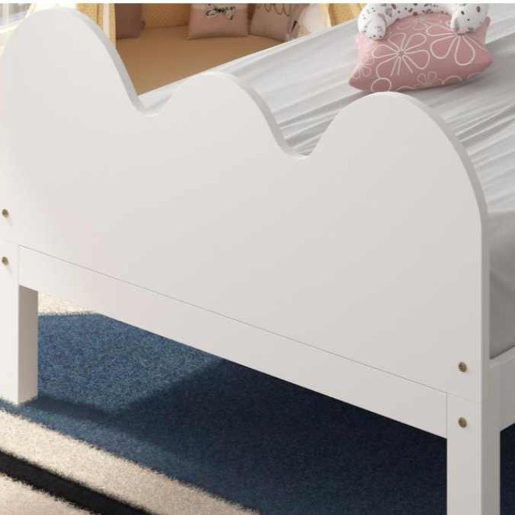 Sleep on a cloud tonight!
This cute little bed is the perfect addition to funk up any bedroom with its cloud inspired shaped headboard and footboard. Pop against a wall and paint a mural or moons and stars around for the perfect night-time sleeping space. The single size is perfect for growing kids.
The clouds white wooden bed frame fit’s a standard UK single size mattress and is fitted with solid slats rather than sprung for stability and durability.

Fun and funky shaped headboard and footboards

Single white wooden bed frame

Solid slatted

Standard UK single size 3ft (190cm x 90cm)

Flat packed for easy self-assembly

This is brand new in box and retails for £129.99 I'm selling for £80 why not check out my other items for sale