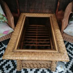 Solid wicker table with glass top and under shelf, solid condition apart from scuff to one corner. Bought fur a project but too big. Can deliver local for fuel