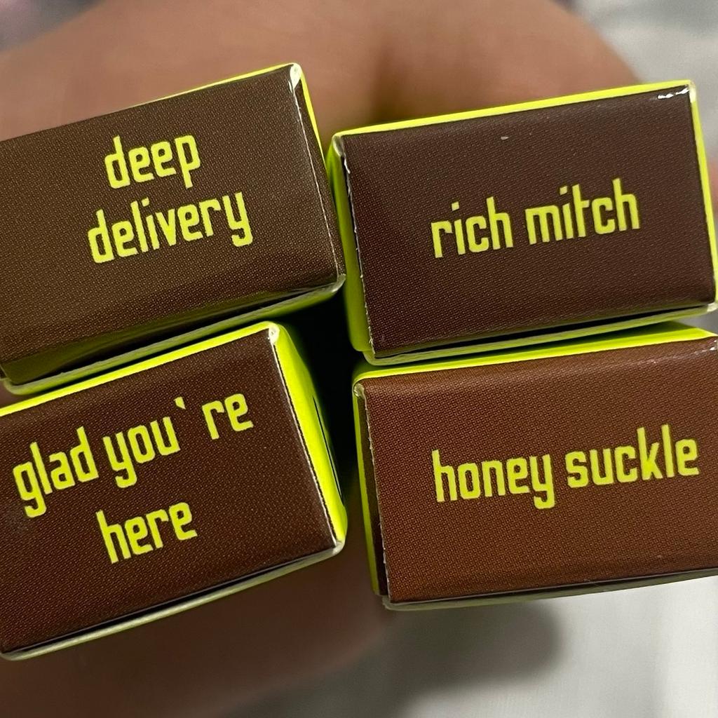 Made by Mitchell lipliners:
1. Rich Mitch
2. Deep delivery
3. Glad you’re here
4. Honey suckle

Brand new, never used. All in original boxes. Each lip liner is still individually sealed.