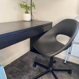Black ikea desk with two drawers.
Black swivel chair, height adjustable and with wheels.
Both great condition. Only issue is the drawers base! One side has been glued already and as you can see in the pic the other one has dipped - common occurrence in these kinds of drawers. 
Desk has computer cable hole to the right side. 
Open left side with metal leg as feature. 
Great desk however no longer needed and just taking up space we don’t have. 
Both still for sale on ikea website if you need more spec. Desk - Micke and swivel chair - ELDBERGET / MALSKÄR
Collection only, happy for you to come and view first if you want to. 
Beighton