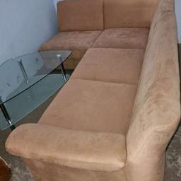 Ecksofa, Couch, gepflegter, angenehmer Sitzkomfort, Sitzhöhe 43cm, Eckabmessung 245 x 160,8 Stoff Lumitara, Farbe hellbraun
