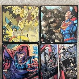 Superhero DC/Marvel tile coasters; Batman, Superman, Wolverine, Magneto
Set of 4
0.75cm thick ceramic coasters with Comic Book laminate and soft felt feet on the bottom
Images in good condition, minus some dents on the side of two of them

Originally bought from Etsy, handmade from actual comic books

Can collect from close to Kidbrooke station

from original etsy listings:
All coasters:
-measure roughly 4.25" x 4.25".
-spray painted black with Valspar gloss spray paint.
-all images are cut from old comic books.
-images are then applied to tile using Mod Podge.
-then cover the image with 3-5 layers of Mod Podge over the course of a day.
-each tile is then coated at least 4 times with Valspar micromist clear coat-gloss.
-self-adhesive felt pads applied to protect the surface of furniture.
-waterproof, but not dishwasher safe.
