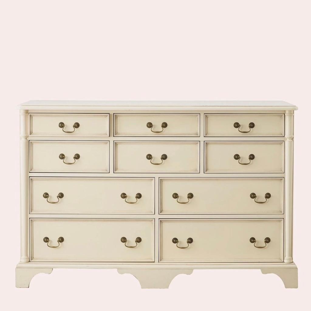 Laura Ashley Clifton 6+4 Drawer Chest

Timeless and elegant, the Clifton 6+4 Drawer Chest boasts a hand-applied patina to create a unique aged effect that is complemented by antiqued handles. This handsome chest comprises six small drawers and four large drawers offering a wealth of storage space.

More of a cream in colour or off white

Height 93cm Width 144cm Depth 48cm

In good used condition

This costs £1175 to buy new at next.co.uk so grab yourself a bargain!

*****Please do not pay before collection*****

Cash or bank transfer on collection

Thank you for looking
