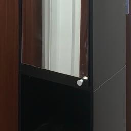 Argos bathroom cabinet (black)
H 171 cm
W 33.5 cm
D 30 cm
Top part does not aline perfectly.
Lots of storage space.