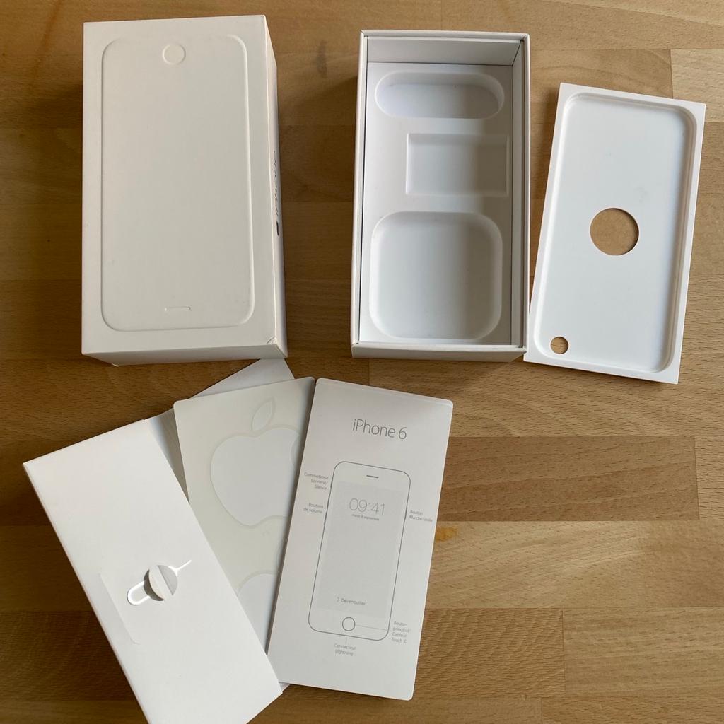 Originalverpackung des iPhone 6 OHNE das iPhone, nur die Schachtel mit Kurzanleitung, SIM-Nadel und Apple-Aufklebern (siehe Fotos)! Der Verkauf erfolgt unter Ausschluss jeglicher Sachmittelhaftung.