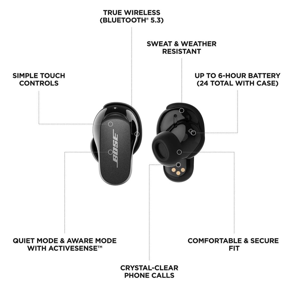 BOSE NOISE CANCELLING EARBUDS: QuietComfort Earbuds II intelligently personalise the noise cancellation and sound performance to your ears, so you can enjoy deep, immersive sound and proprietary active noise cancelling technology.
Use the simple touch interface on the wireless earbuds to control everything. This convenient interface frees your hands so you can stay focused on whatever you’re doing. With simple swipes and taps, play or pause music, the noise cancellation level.