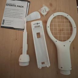 Nintendo Wii sports pack with tennis racket and golf club with holder for Wii remote and wrist strap still in packaging 

Good condition used a few times the box is damaged but not affecting the items 

Wii remote not included