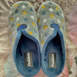 New ladies slippers by Padders. Size 39. Cosy & warm. Grey main with blue trim and colourful pattern.