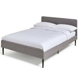 Habitat Kristopher Small Double Fabric Bed Frame - Grey all new in box and was £189.99 and now £120 also we do small mattress and we can deliver 
Bring out the minimalist in you. Streamline your style with our Kristopher small double bed frame and bring a hygge vibe to the bedroom. Upholstered in a soft grey woven fabric with plain headboard and low rise foot end plus round corners where it matters. Black tapered metal legs give a smart finish. 
Metal feet.
Base with metal slats.
Size W126, L196.5, H85cm.