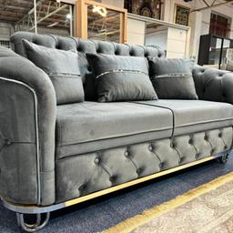 Madrid Sofa* ✨
Brand New turkish chesterfield design Sofa features thick seating with high-density foam wrapped up with fibre for extra comfort. ... Its Best Quality back cushions are filled 
with silicone fibre to enhance its comfort. Premium quality fabric material and a strong wooden frame to makes it durable and luxurious.

Corner :
Length: 230 cm by 230cm 
Width: 85 cm 
Height: 95 cm

3 Seater :
Lenght: 210 cm
Width: 85 cm 
Height: 95 cm

2 Seater:
Lenght: 165 cm
Width: 85 cm 
Height: 95 cm
👇👇👇👇
for more details contact on 07840208251
whatsapp only