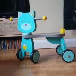 Tricycle made of solid wood. It is perfect when your toddler starts walking. Good stability very unlikely to fall from it due to its 4 weels. Little signs of wear on the handles otherwise like new. Used only indoors from a smoke and pet free house.