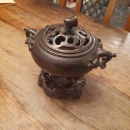 heavy asian incense burner ,brass comes with lid and rare stand , does have stamp on bottom,