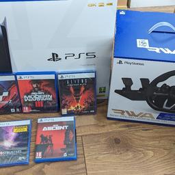 As new PS5 with 5 games and steering wheel and pedals.
Games:
COD modern warfare 3
Gran turismo 7 
Aliens fire team elite 
The Ascent 
Ghostbusters spirits unleashed 
RWA Racing wheel&Pedals,never used and sealed.
Console is in as new condition and is four months old.
Collection only
No stupid offers please.