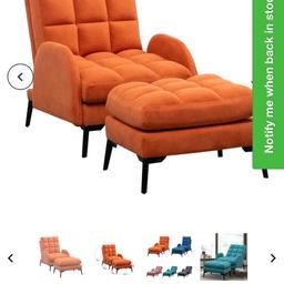 Orange velvet reclining armchair with matching foot stool.
Modern super comfy
See pics for sizes pls
Boxed new