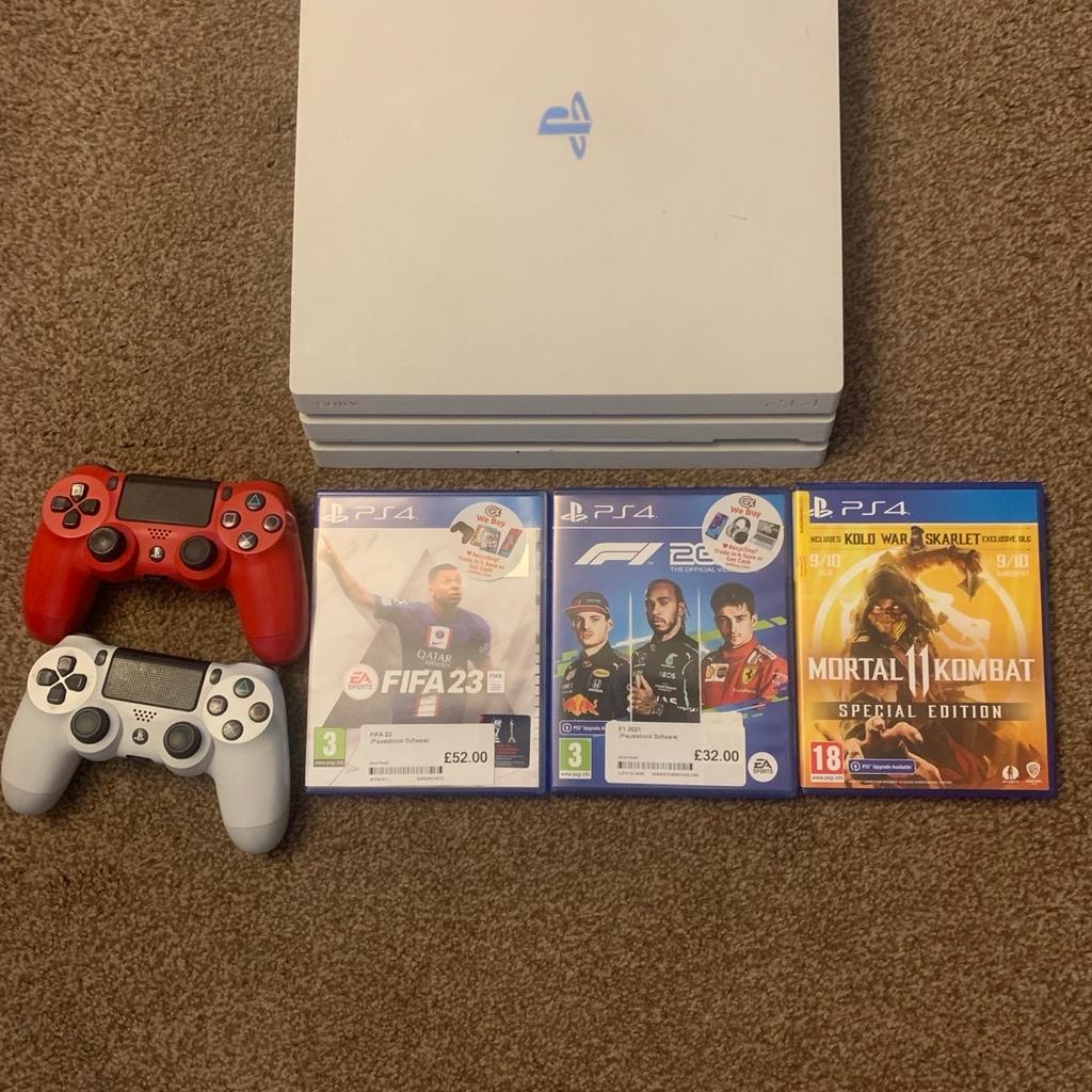This is a special edition Glacier White Ps4 Pro
comes with 2 controllers & 3 Games.
The console has a couple of marks but everything is in full working order and all wires included.
No swaps.
Collection Only!