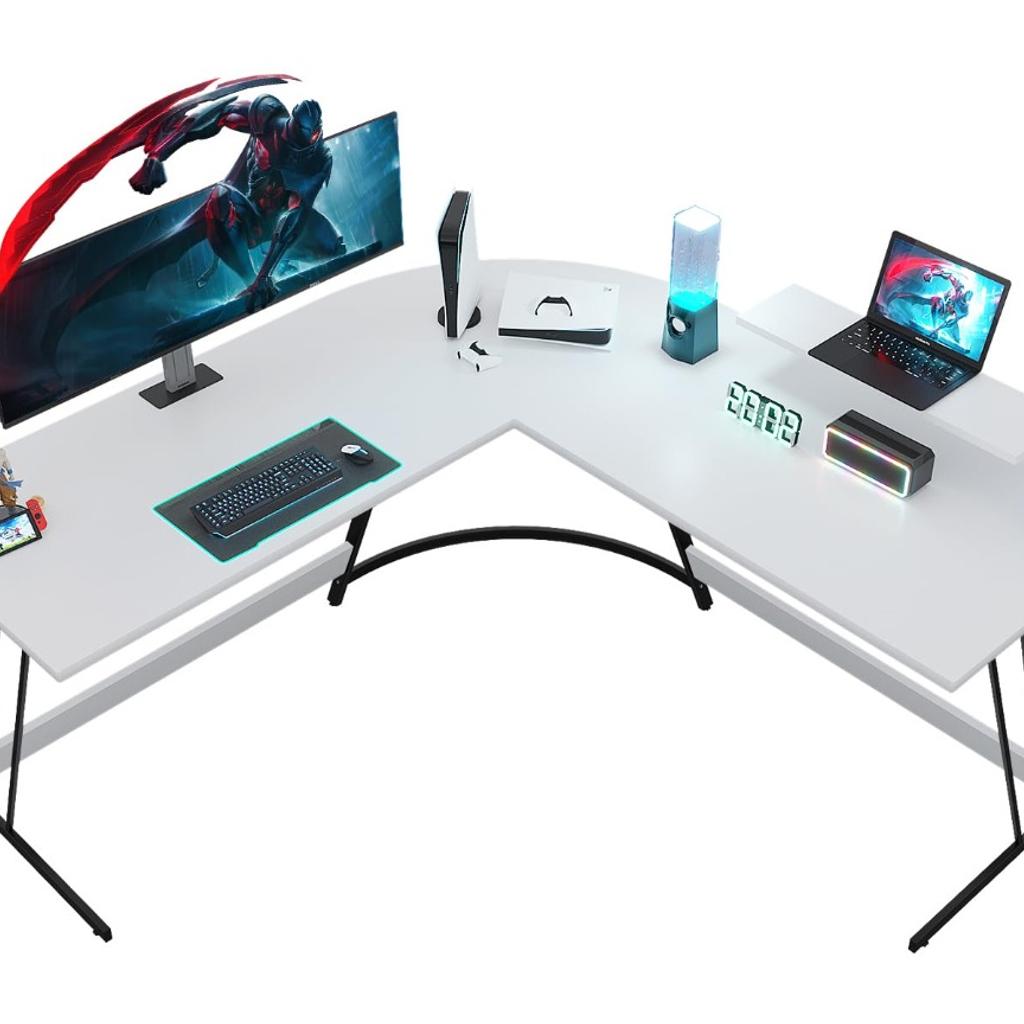Eckschreibtisch 130x130x75cm,Gaming Schreibtisch mit Monitorständer,Schreibtisch L Form,Gaming Tisch L-förmiger Computertisch,Groß Pc Ecktisch, Weiß