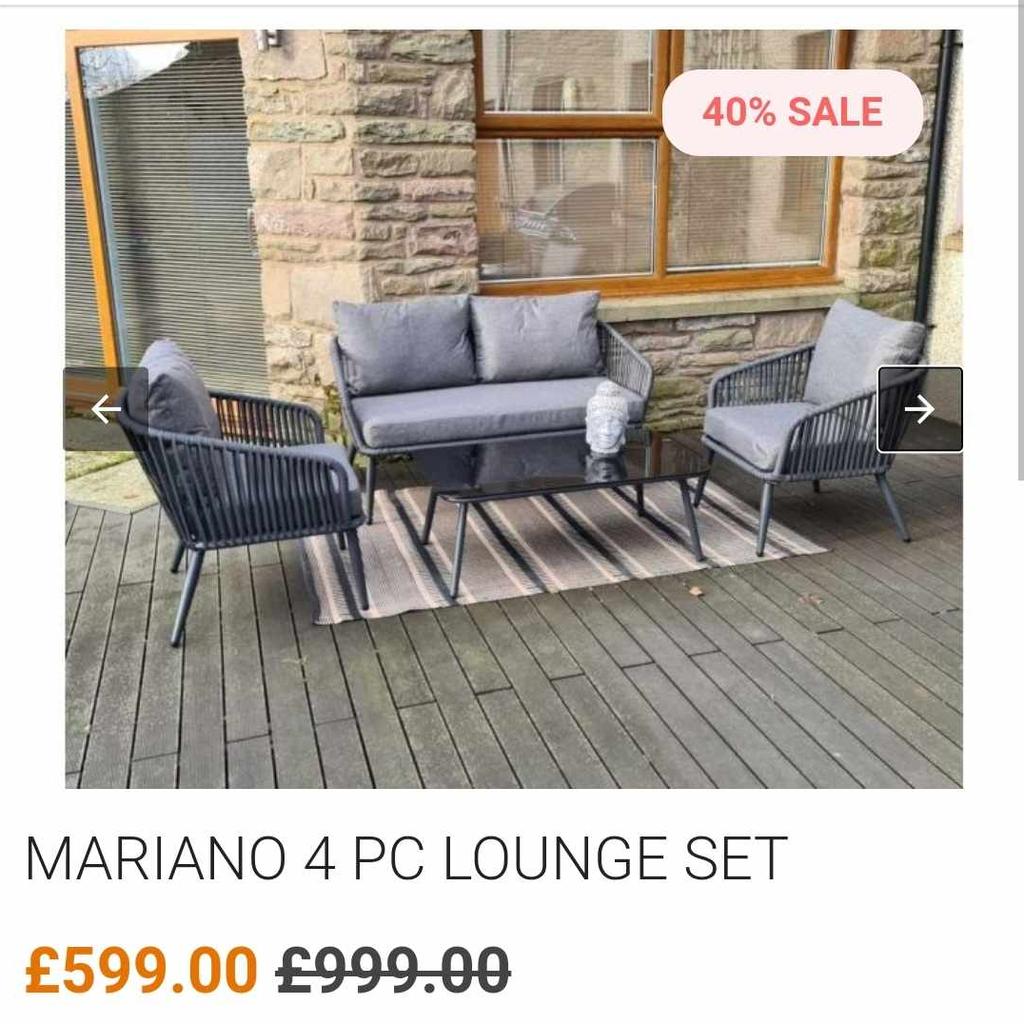 MARIANO 4 PC LOUNGE SET

All Weather Rope Weave over a powder coated aluminium frame in Anthracite colour with Toughened Glass Black Table Top. Completely maintenance free and can be left outside all year round.
2 Seat Sofa in All Weather Rope Weave with All Weather Cushions.
2 x All Weather Rope Weave Armchairs with All Weather Cushions.
Coffee Table
No Maintenance Required.
This is brand new in box and retails for £999 but is currently on sale for £599.99 I'm selling for £300 why not check out my other items for sale