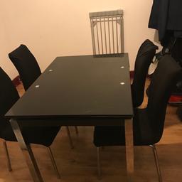 Glass table with 4 chairs very good condition seats 6 to 8
L-120cm
W-83cm
H- 76cm
Thanks
Chairs are normal standard size 95x50cm