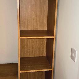 Perfect condition. No marks or scratches. 2 middle shelves are fixed into place. First and fourth shelf are interchangeable for height adjustment.
W 40cm
D 40cm
H 197cm