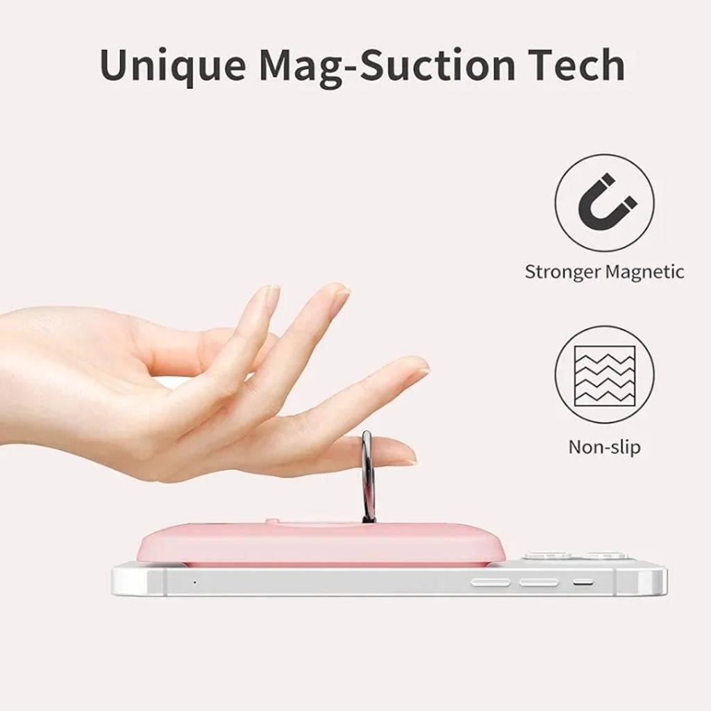 Magnetische Kabellose Powerbank, 6000mAh Tragbares Ladegerät mit Fingerhalter, Stärkerer Magnetsticker für Handy mit einzigartiger Mag-Suction-Technologie, Kompatibel mit iPhone 15/14/13 Pro Max

￼
