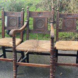 6 X Antique Oak Carved Dining Chairs With Rush Seats 5 +1 
This is a lovely antique set of 5 chairs and a carver. 
Beautiful carved detail with round finials . 
Rush seats, 
Please see photos for description 
Viewing welcome