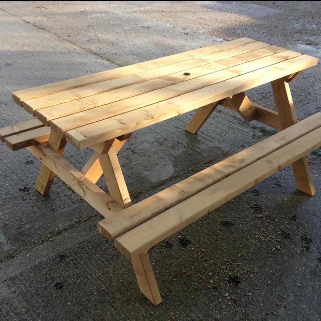 * Our tables are manufactured from 4x2 C24 construction grade timber

* All timber used is FSC approved and treated for a prolonged lifespan. We can also add stain as an extra if you wish

* The overall dimensions are: (W) 110cm x (H) 73cm (L) 150cm with a 45mm hole for a parasol.

* All tables can either be provided flat pack, part assembled or fully assembled. Please ask for details

* Sits up to 8 people

* Delivery & installation available at additional cost