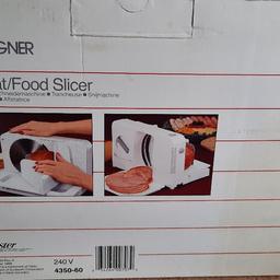 Electric food slicer, in very good condition. Unwanted gift, never been used. Box is a bit worn, but the item is immaculate.
