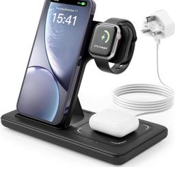 Wireless Charger, 3 in 1 Charging Station, 15W Qi Fast Foldable Magnetic Stand Dock for iPhone 15 14 13 12 11 Pro Max XS XR X 8 Plus, Apple Watch 9 8 7 6 5 4 3 2 SE, AirPods 3 2 Pro(With Adapter)