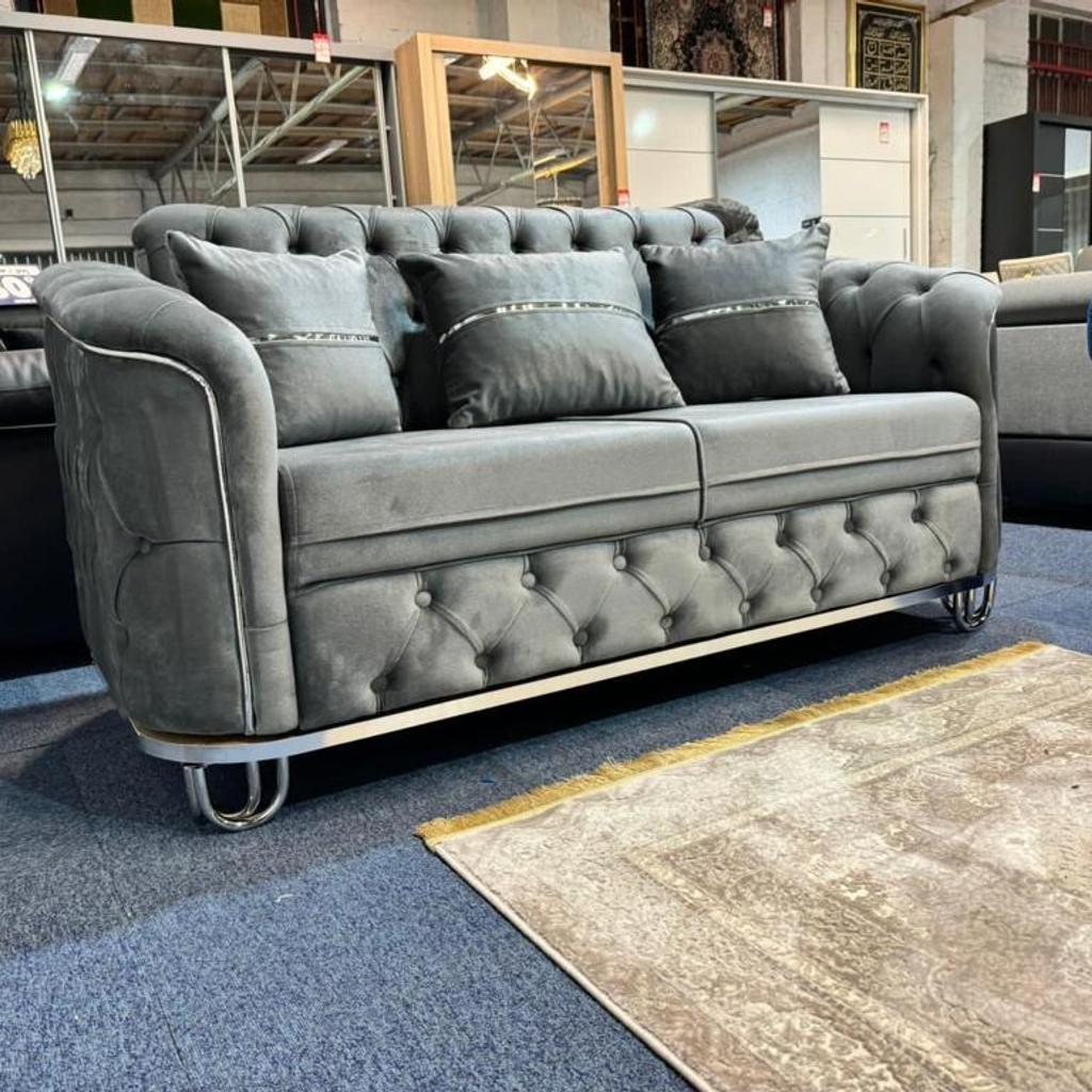 Madrid Sofa* ✨
Brand New turkish chesterfield design Sofa features thick seating with high-density foam wrapped up with fibre for extra comfort. ... Its Best Quality back cushions are filled
with silicone fibre to enhance its comfort. Premium quality fabric material and a strong wooden frame to makes it durable and luxurious.

Corner :
Length: 230 cm by 230cm
Width: 85 cm
Height: 95 cm

3 Seater :
Lenght: 210 cm
Width: 85 cm
Height: 95 cm

2 Seater:
Lenght: 165 cm
Width: 85 cm
Height: 95 cm
👇👇👇👇
for more details contact:07840208251 whatsapp only