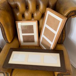 3 large frames with mounts which can be taken out if desired
2 pune, I darker wood
Glass
Can be wall mounted or stand (they have feature rests on reverse as shown)
Darker 25” x 10”
Larger pine 21” x 10”
Pine 14.5 x 11”
All 3 for £14