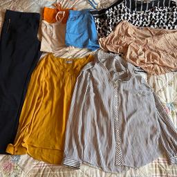 All items are in excellent condition
2 x long sleeved smart casual light tops
2 vest tops & a pair of shorts
Smart navy trousers with stylish gold zips
3 x short sleeved smart casual light tops