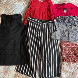 All in excellent condition
One of the 3 smart tops still has tags, most other items were only used once or tags just removed.
Bundle consists of
1 ruffle style dress
1 pair of culottes
1 long sleeved casual top
3 smart tops
& two casual tops

8 items in total

Priced to sell