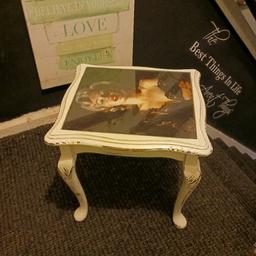 up cycled wooden table shabby chic with poster of marylin Monroe with glass top cream white table