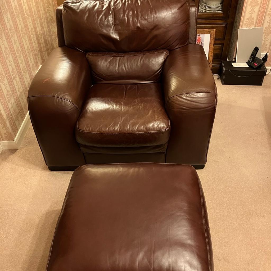 Two seater leather sofa with chair and foot stool. Will sell separately. Open to offers