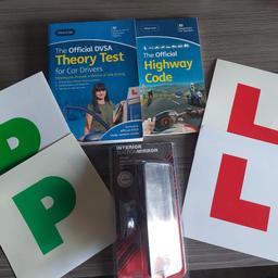 Theory test book
Highway code book
Magnetic learner/passed plates (little discolouring from sun)
Interior suction mirror (used for an hour as took test in own car)
Collection oakworth or keighley centre