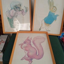 Trio of animal drawings.Peter Rabbit,  Mrs Tiggy-Winkle & Squirrel Nutkin from Beatrix Potter tales.18in X 14in.
See photos and read description before messaging. Not holding.