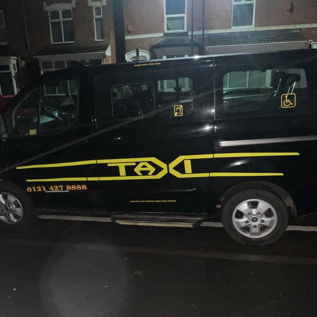 M1 Ford Custom 2017 Pro-Cab; Black Hackney Taxi currently plated to the city of Birmingham. Euro 6 ULEZ; Clean Air Zone Exempt. First Registered January 2018

7 seats including Driver, 2 Way Intercom, Motion Locks, Rear Heater and Rear Lighting, Wheelchair Accessible with underfloor Ramp and Wheelchair Belts , Straps, Yellow Grab Handles, Electric Front Windows and Mirrors, Roof LED Light, Top Sign Fitted , Parking Bumpers Sensors to Front and Rear, Front Fog Lights, Fixed Side Steps. A well looked after and clean Taxi.

Timing belt and vet belt have both been replaced and a full service has also been done on the 22/01/2024

MOT valid until May 2024
Interior bench seats may need new seat covers