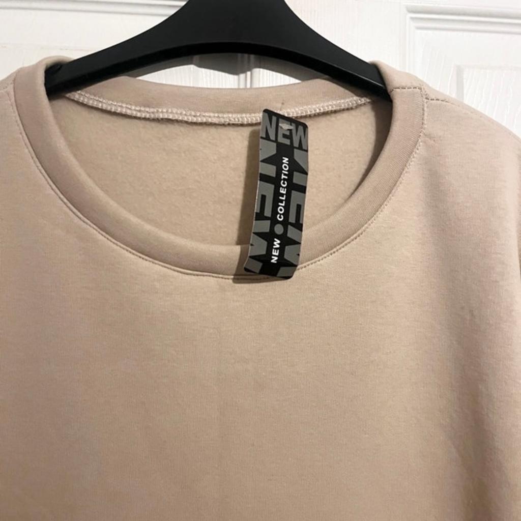 Ladies long sweatshirt dress or long top with side pockets and gorgeous sequin sleeves one size fit up to size 20 brand new with label from Iceicle Boutique in a camel colour