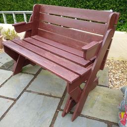 Brand new teak good quality bench to table. It folds out easily to a garden table. The photo is one that’s stained a dark brown but mine is a light colour. I can’t photograph it as it’s not made up, brand new and not assembled. Message me about the delivery. Bought when I had a garden.