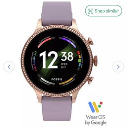 Fossil Ladies Gen 6 Smart Watch
Lavender Silicone Strap

It takes 30 minutes to charge till 80%.

Personalise Your Dial.

Connectivity mom

1GB memory.
WearOS operating system.
Bluetooth 5 connection.
NFC connection.
Wi-Fi.
Display information

32.51mm AMOLED screen.
Touchscreen.
416 x 416 screen resolution.

Features
Water resistant.
Swimproof.
Dust resistant.
Scratch resistant.
Compatible with apps from the Google play store, Apple app store.
Answer calls.
Read texts.
Receive social network notifications.
View calendar.
Displays weather.
Music player.
Heart rate monitor.
Pedometer.
Distance.

Accessories included: Original Box and Charger